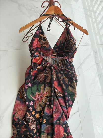 vestidos longo com bojo estampa 3D multicolorido novo modelo atras com amarrar costas nua