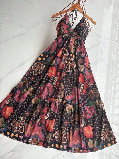 vestidos longo com bojo estampa 3D multicolorido novo modelo atras com amarrar costas nua