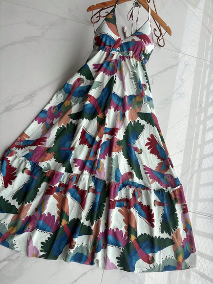 vestidos longo com bojo estampa 3D multicolorido novo modelo atras com amarrar costas nua