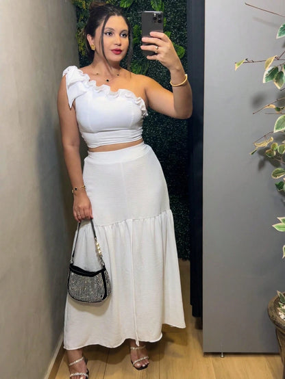 Vendedor Indicadoconjunto femenino saia babado e cropped com elastex