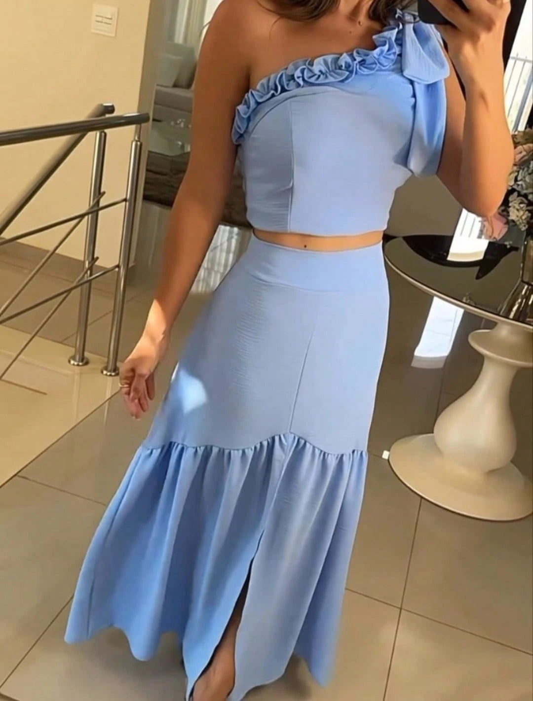 Vendedor Indicadoconjunto femenino saia babado e cropped com elastex