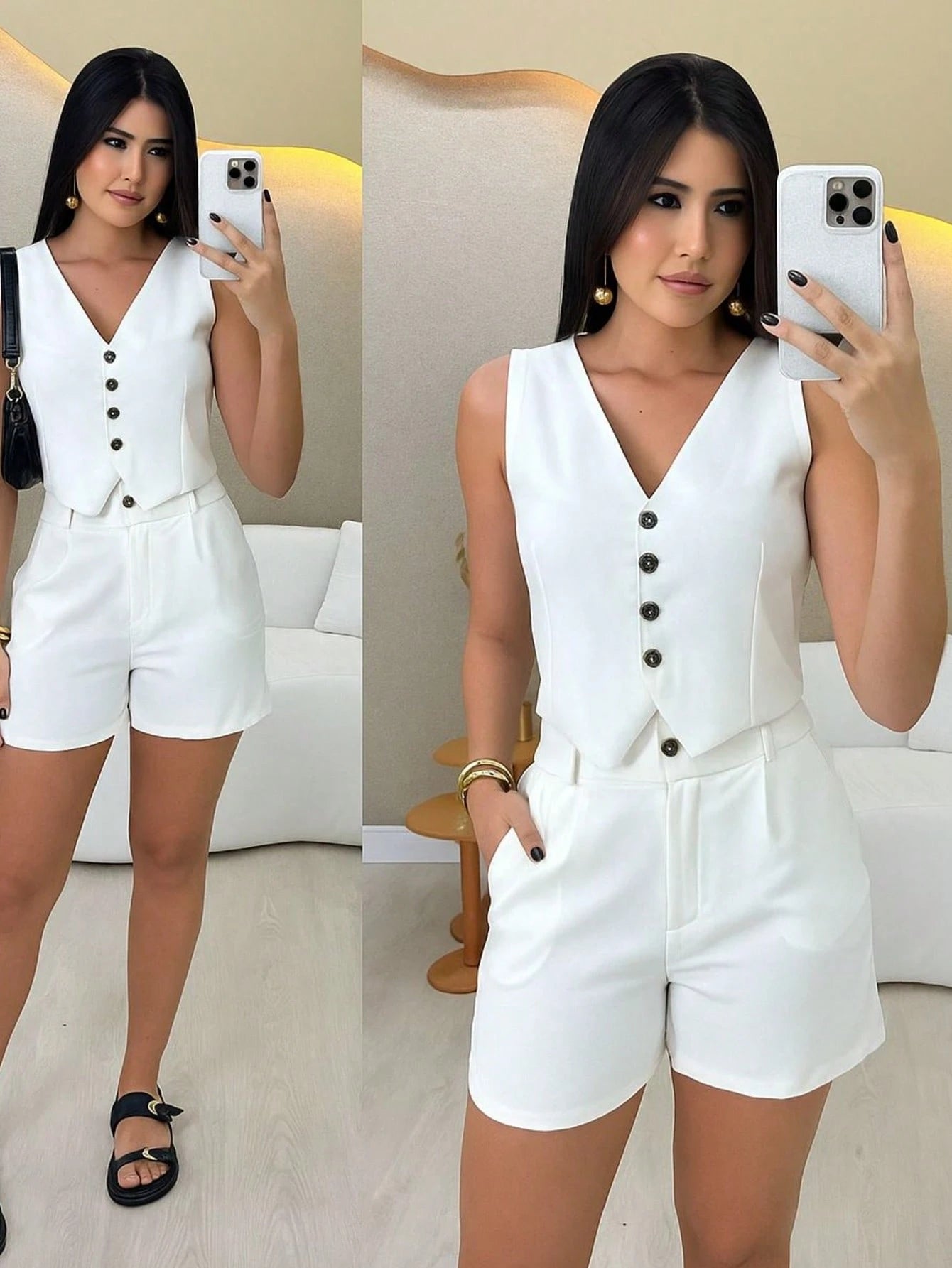 Conjunto Alfaiataria Feminino Casual Colete e Short Verão 2025