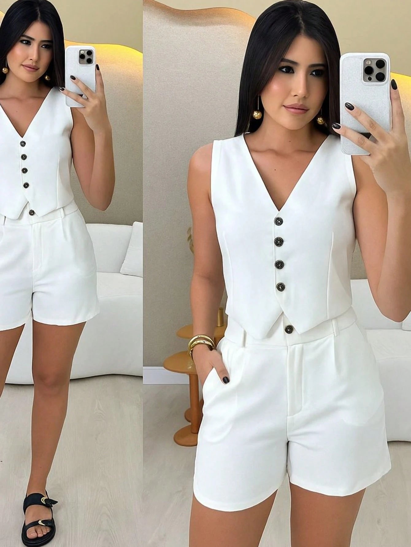 Conjunto Alfaiataria Feminino Casual Colete e Short Verão 2025