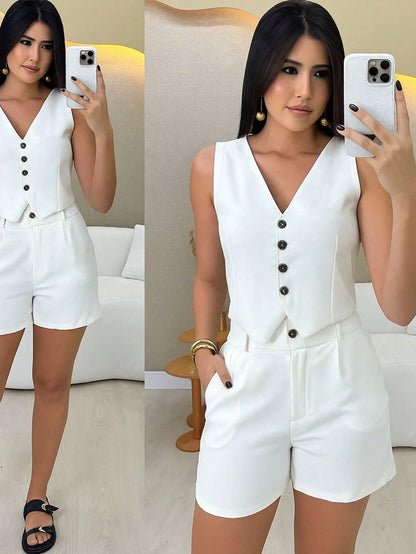 Conjunto Alfaiataria Feminino Casual Colete e Short Verão 2025