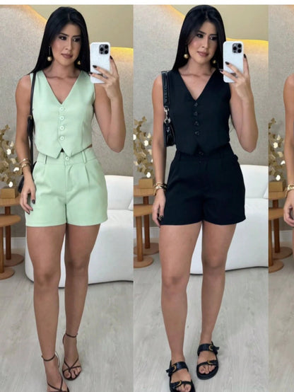 Conjunto Alfaiataria Feminino Casual Colete e Short Verão 2025