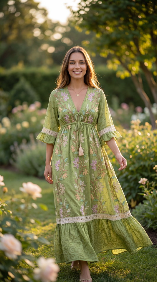 Vestido Aylla Floral Verde Bordado